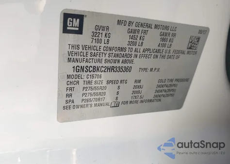 2017 Chevrolet Tahoe Lt z USA, uszkodzony, nr VIN 1GNSCBKC2HR335360